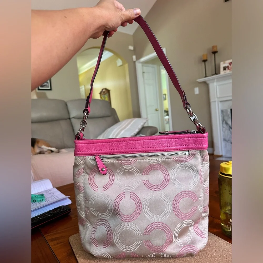 Coach Ashley Dotted OP Art Signature Shoulder Bag, Cream/Pretty Pink, GUC - Picture 5 of 16